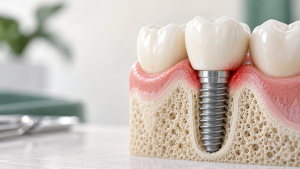 Modelo de implante dental con enrojecimiento de la encía junto a la corona